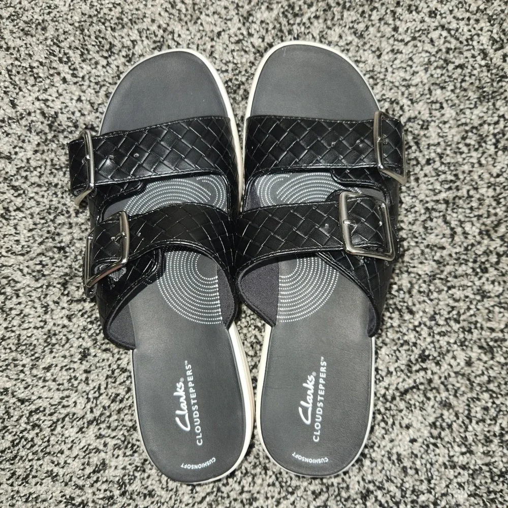 CLARKS Cloudsteppers Drift Buckle Sandal Comfort Slides Black & White Womens 11